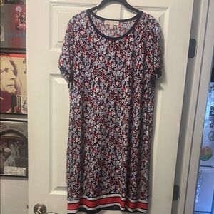 Michael Kors Red and White Sheath Midi Dress with Crew Neck